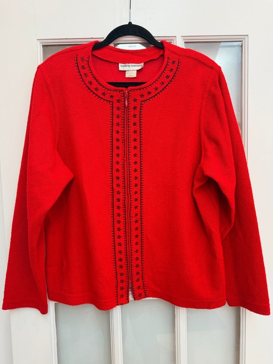Cathy Daniels Sweaters - Vintage Cathy Daniels 90’s Red Embroidered Zip Front Cardigan Sweater Size XL